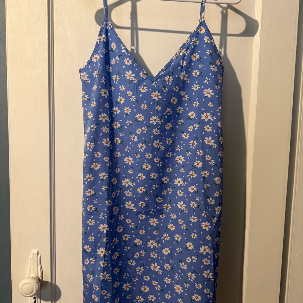 SHEIN Blue Midi Slip Dress with White Daisy Print